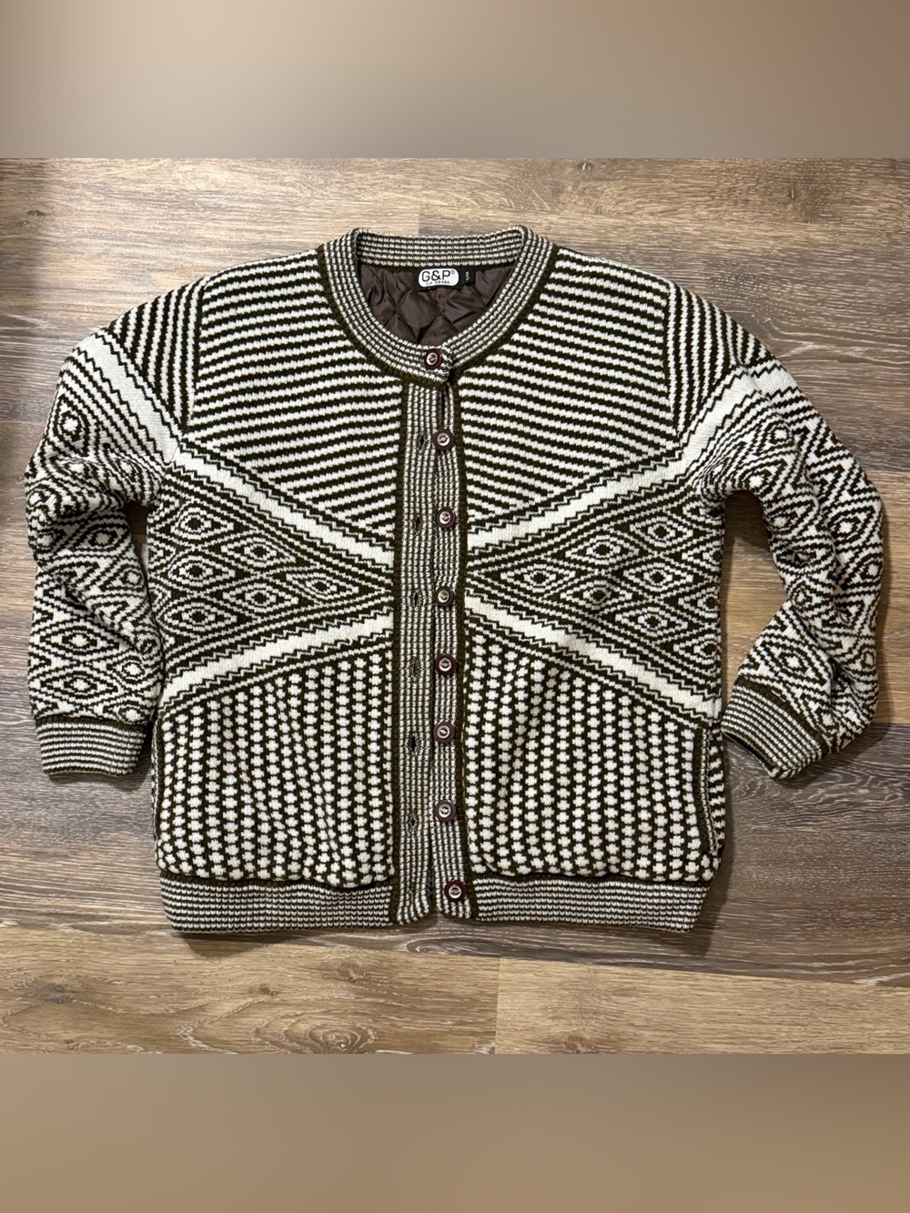 Vintage G&P Quilted Lined Sweater Jacket Nordic Geometric S/M Brown and White